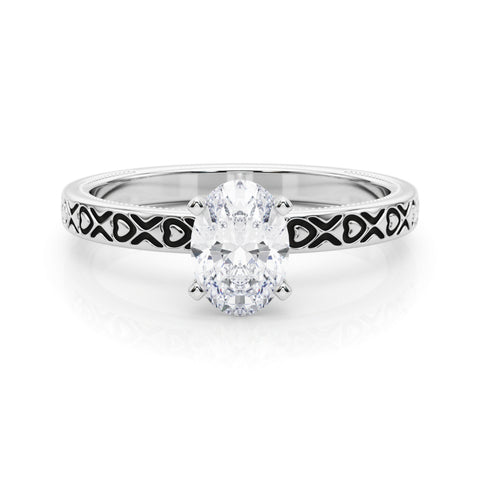 White gold Oval Solitaire Diamond Engagement Ring with XO Engraved Band and Four-Prong Setting