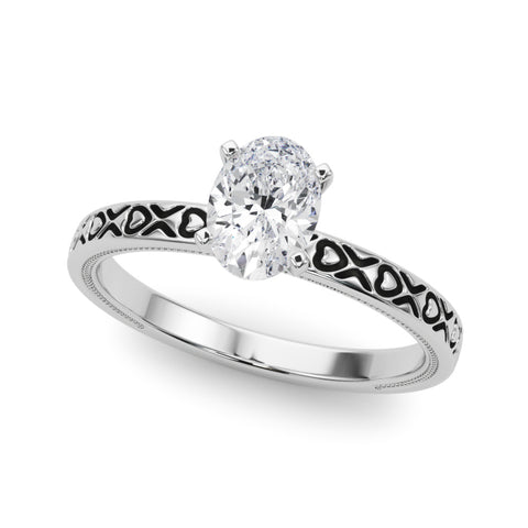 White gold Oval Solitaire Diamond Engagement Ring with XO Engraved Band and Four-Prong Setting