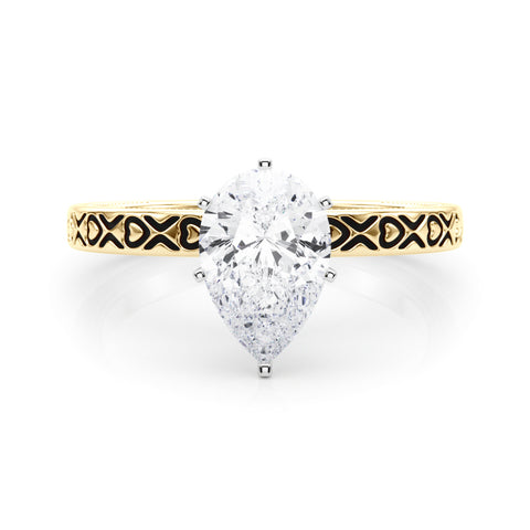 Yellow gold Pear Solitaire Diamond Engagement Ring with XO Engraved Band and Four-Prong Setting
