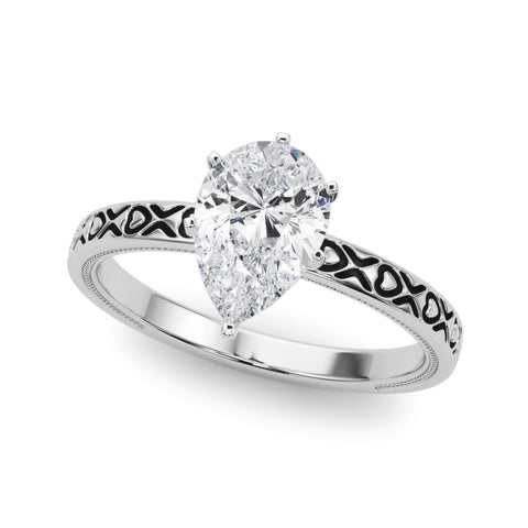 White gold Pear Solitaire Diamond Engagement Ring with XO Engraved Band and Four-Prong Setting