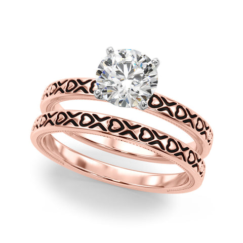 Rose gold Round Solitaire Diamond Engagement Ring with XO Engraved Band and Four-Prong Setting