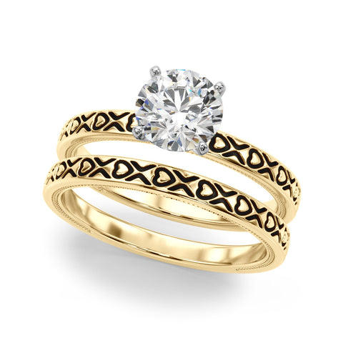 Yellow gold Round Solitaire Diamond Engagement Ring with XO Engraved Band and Four-Prong Setting