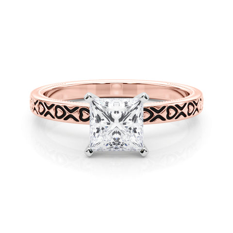 Rose gold Princess Solitaire Diamond Engagement Ring with XO Engraved Band and Four-Prong Setting