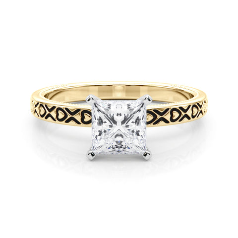 Yellow gold Princess Solitaire Diamond Engagement Ring with XO Engraved Band and Four-Prong Setting