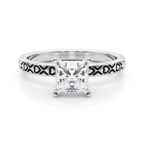 White gold Princess Solitaire Diamond Engagement Ring with XO Engraved Band and Four-Prong Setting