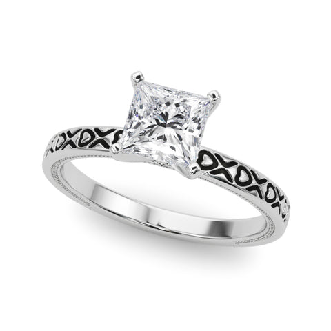 White gold Princess Solitaire Diamond Engagement Ring with XO Engraved Band and Four-Prong Setting