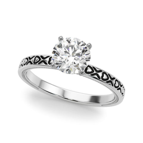 White gold Round Solitaire Diamond Engagement Ring with XO Engraved Band and Four-Prong Setting