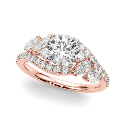 Rose gold Round Diamond Halo Ring with Marquise and Pavé Band in Prong Setting