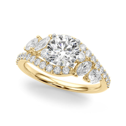 Yellow gold Round Diamond Halo Ring with Marquise and Pavé Band in Prong Setting