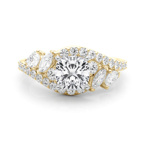 Yellow gold Cushion Diamond Halo Ring with Marquise and Pavé Band in Prong Setting