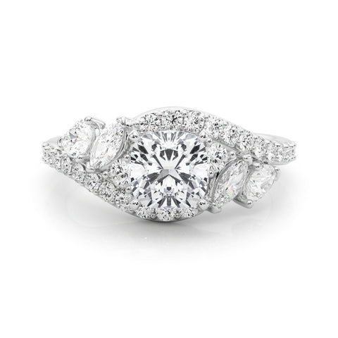 White gold Cushion Diamond Halo Ring with Marquise and Pavé Band in Prong Setting