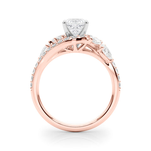 Rose gold Cushion Diamond Halo Ring with Marquise and Pavé Band in Prong Setting