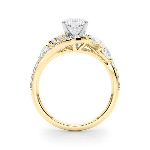 Yellow gold Cushion Diamond Halo Ring with Marquise and Pavé Band in Prong Setting