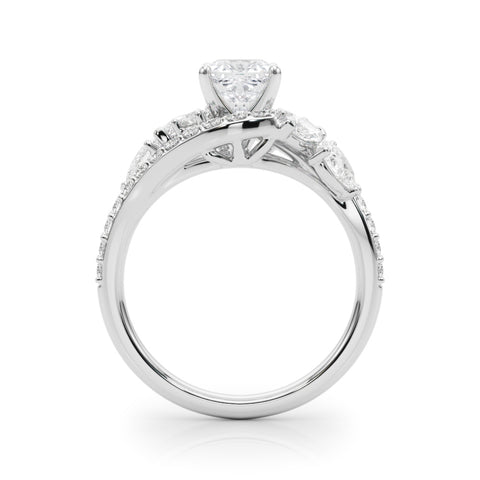 White gold Cushion Diamond Halo Ring with Marquise and Pavé Band in Prong Setting