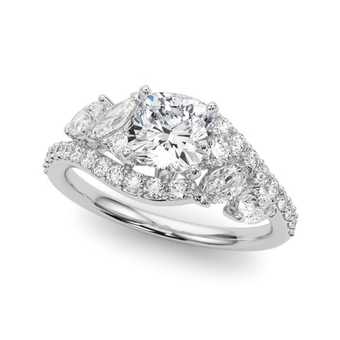 White gold Cushion Diamond Halo Ring with Marquise and Pavé Band in Prong Setting