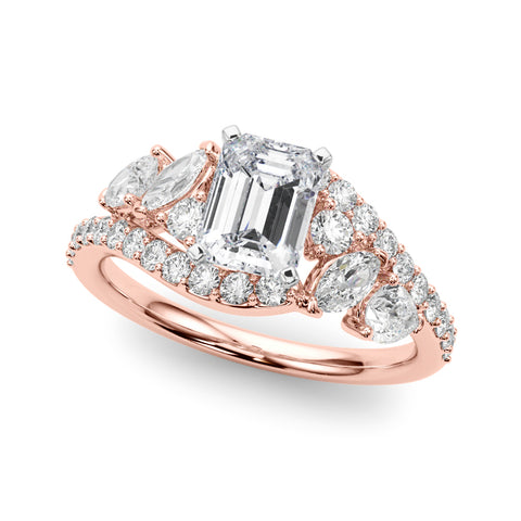 Rose gold Emerald Diamond Halo Ring with Marquise and Pavé Band in Prong Setting