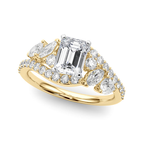 Yellow gold Emerald Diamond Halo Ring with Marquise and Pavé Band in Prong Setting