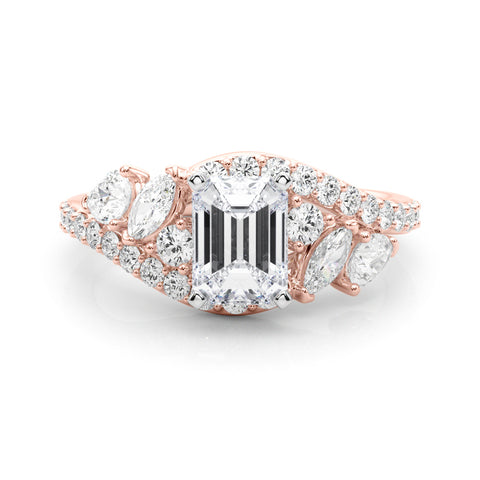 Rose gold Emerald Diamond Halo Ring with Marquise and Pavé Band in Prong Setting