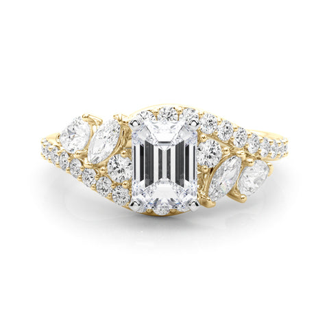 Yellow gold Emerald Diamond Halo Ring with Marquise and Pavé Band in Prong Setting