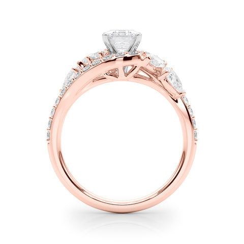 Rose gold Emerald Diamond Halo Ring with Marquise and Pavé Band in Prong Setting