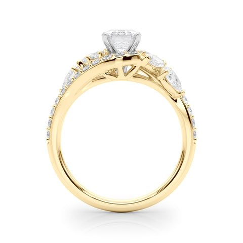 Yellow gold Emerald Diamond Halo Ring with Marquise and Pavé Band in Prong Setting