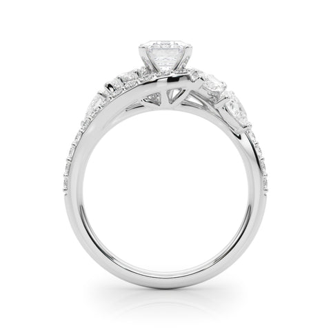 White gold Emerald Diamond Halo Ring with Marquise and Pavé Band in Prong Setting