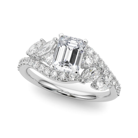 White gold Emerald Diamond Halo Ring with Marquise and Pavé Band in Prong Setting