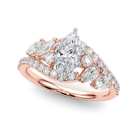 Rose gold Marquise Diamond Halo Ring with Marquise and Pavé Band in Prong Setting