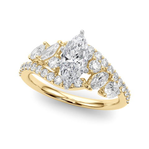 Yellow gold Marquise Diamond Halo Ring with Marquise and Pavé Band in Prong Setting