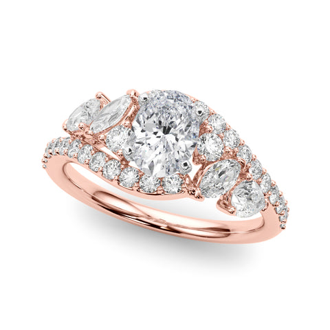 Rose gold Oval Diamond Halo Ring with Marquise and Pavé Band in Prong Setting