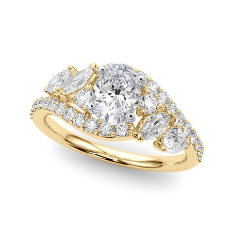 Yellow gold Oval Diamond Halo Ring with Marquise and Pavé Band in Prong Setting