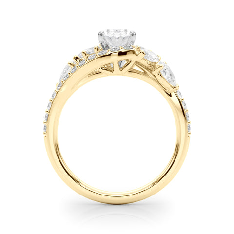 Yellow gold Oval Diamond Halo Ring with Marquise and Pavé Band in Prong Setting