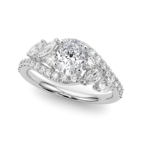 White gold Oval Diamond Halo Ring with Marquise and Pavé Band in Prong Setting