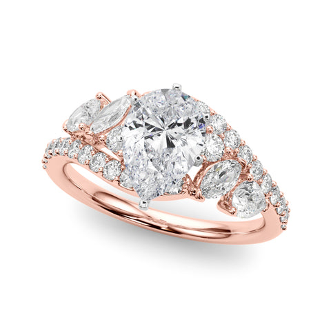 Rose gold Pear Diamond Halo Ring with Marquise and Pavé Band in Prong Setting