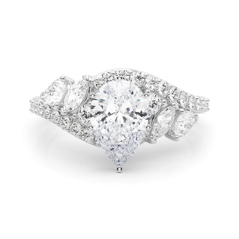 White gold Pear Diamond Halo Ring with Marquise and Pavé Band in Prong Setting