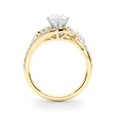 Yellow gold Pear Diamond Halo Ring with Marquise and Pavé Band in Prong Setting