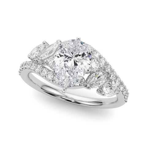 White gold Pear Diamond Halo Ring with Marquise and Pavé Band in Prong Setting