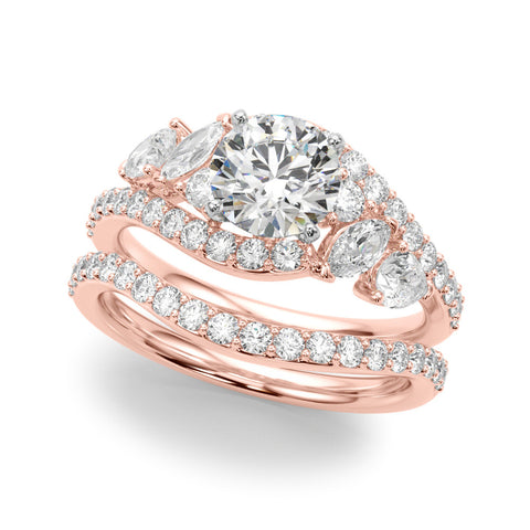 Rose gold Round Diamond Halo Ring with Marquise and Pavé Band in Prong Setting