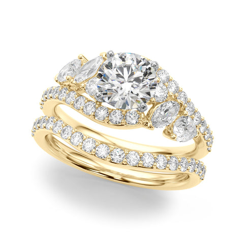 Yellow gold Round Diamond Halo Ring with Marquise and Pavé Band in Prong Setting