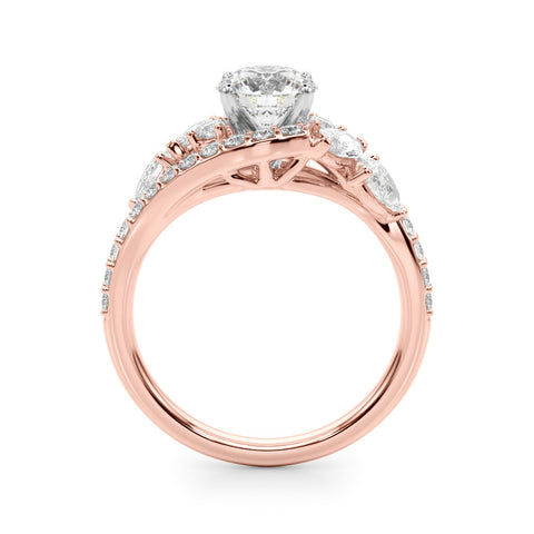 Rose gold Round Diamond Halo Ring with Marquise and Pavé Band in Prong Setting