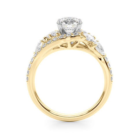 Yellow gold Round Diamond Halo Ring with Marquise and Pavé Band in Prong Setting