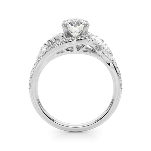 White gold Round Diamond Halo Ring with Marquise and Pavé Band in Prong Setting