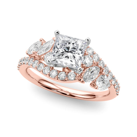 Rose gold Princess Diamond Halo Ring with Marquise and Pavé Band in Prong Setting