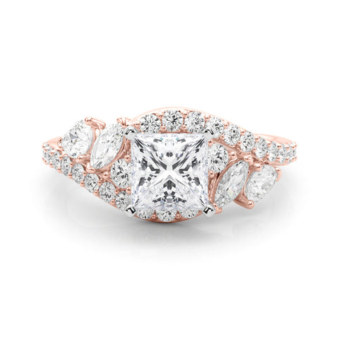 Rose gold Princess Diamond Halo Ring with Marquise and Pavé Band in Prong Setting