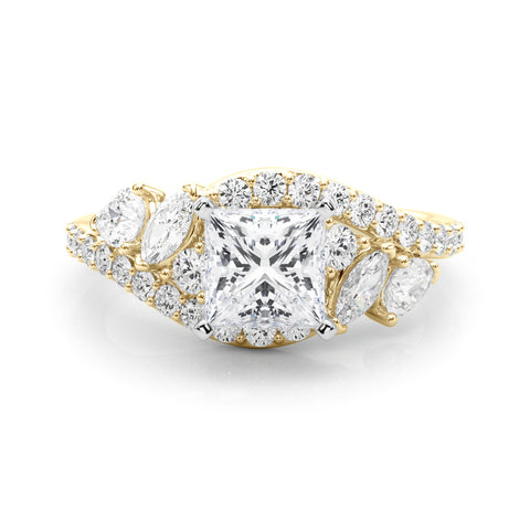 Yellow gold Princess Diamond Halo Ring with Marquise and Pavé Band in Prong Setting