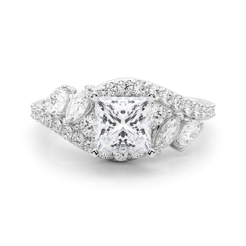 White gold Princess Diamond Halo Ring with Marquise and Pavé Band in Prong Setting