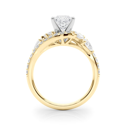 Yellow gold Princess Diamond Halo Ring with Marquise and Pavé Band in Prong Setting