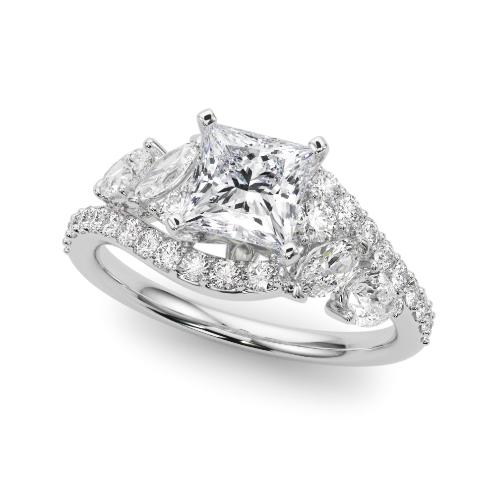 18K White Gold 2.51 Carat E VVS2 Princess Diamond Halo Ring with Marquise and Pavé Band in Prong Setting