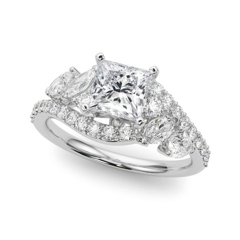 White gold Princess Diamond Halo Ring with Marquise and Pavé Band in Prong Setting