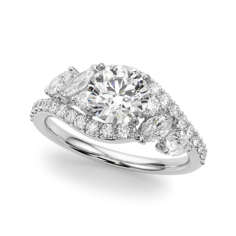 White gold Round Diamond Halo Ring with Marquise and Pavé Band in Prong Setting